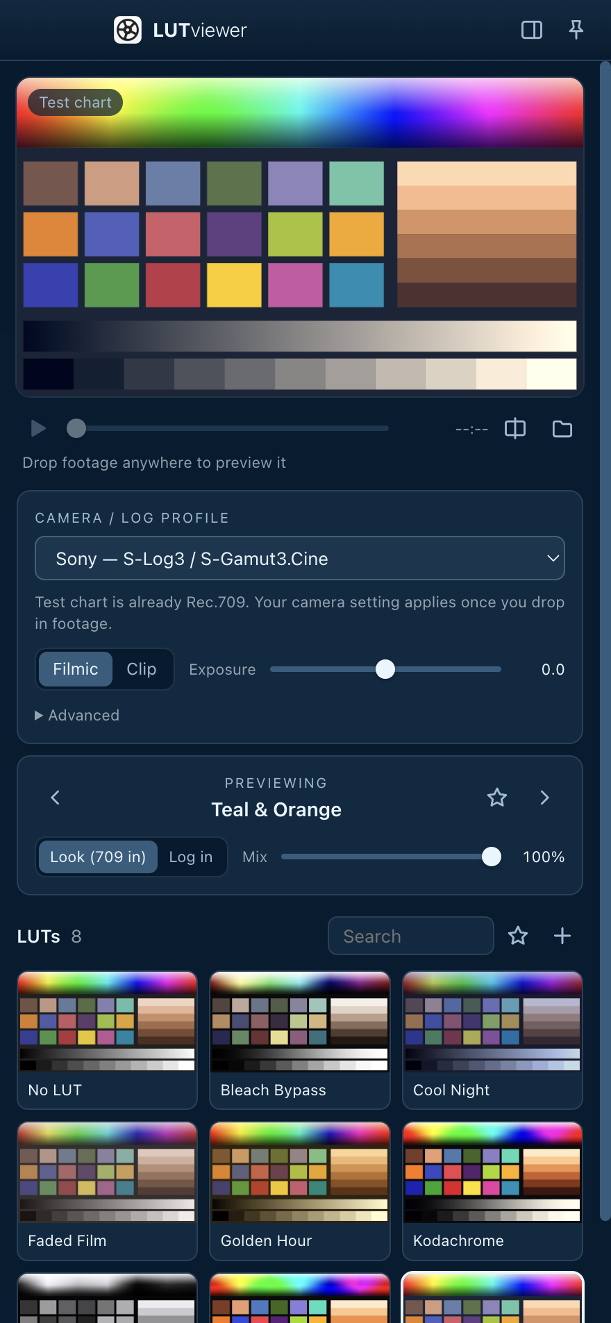 LUTviewer panel showing a preview with a Teal & Orange LUT and a grid of LUT thumbnails